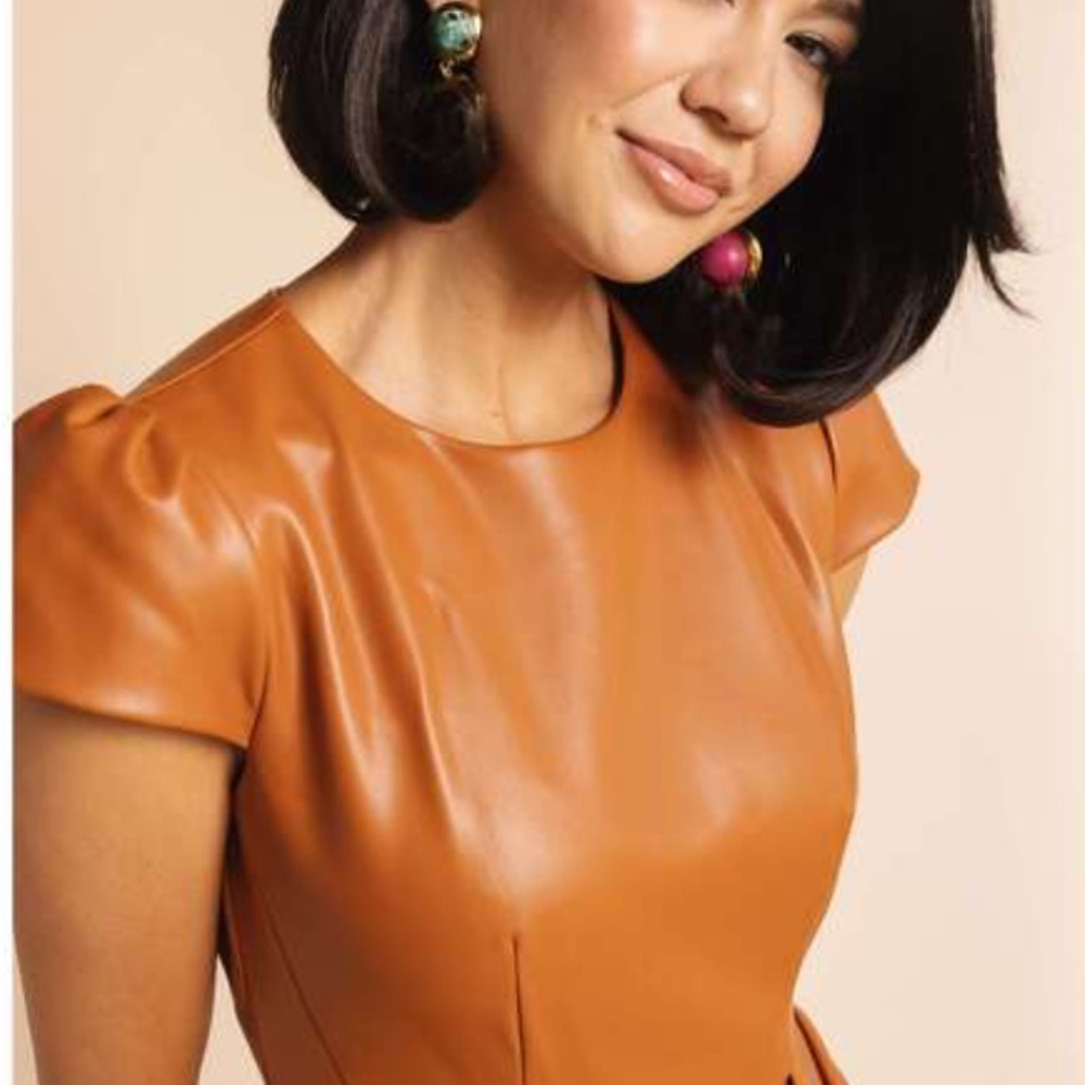 Cognac Leather dress with flirty flared pleated skirt